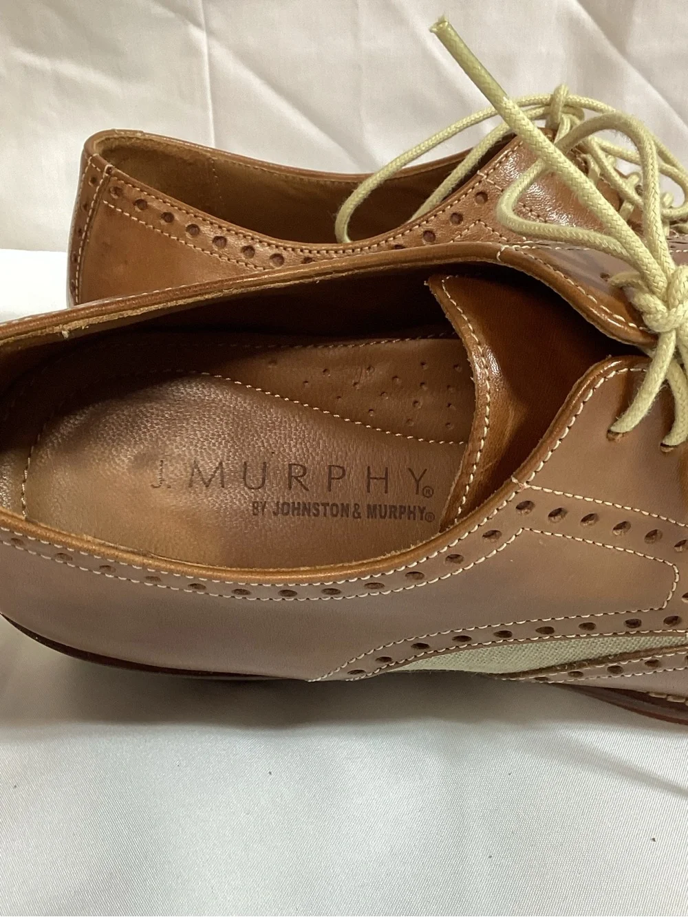 Johnston & Murphy Brown Leather and Beige Canvas Wingtip Oxfords